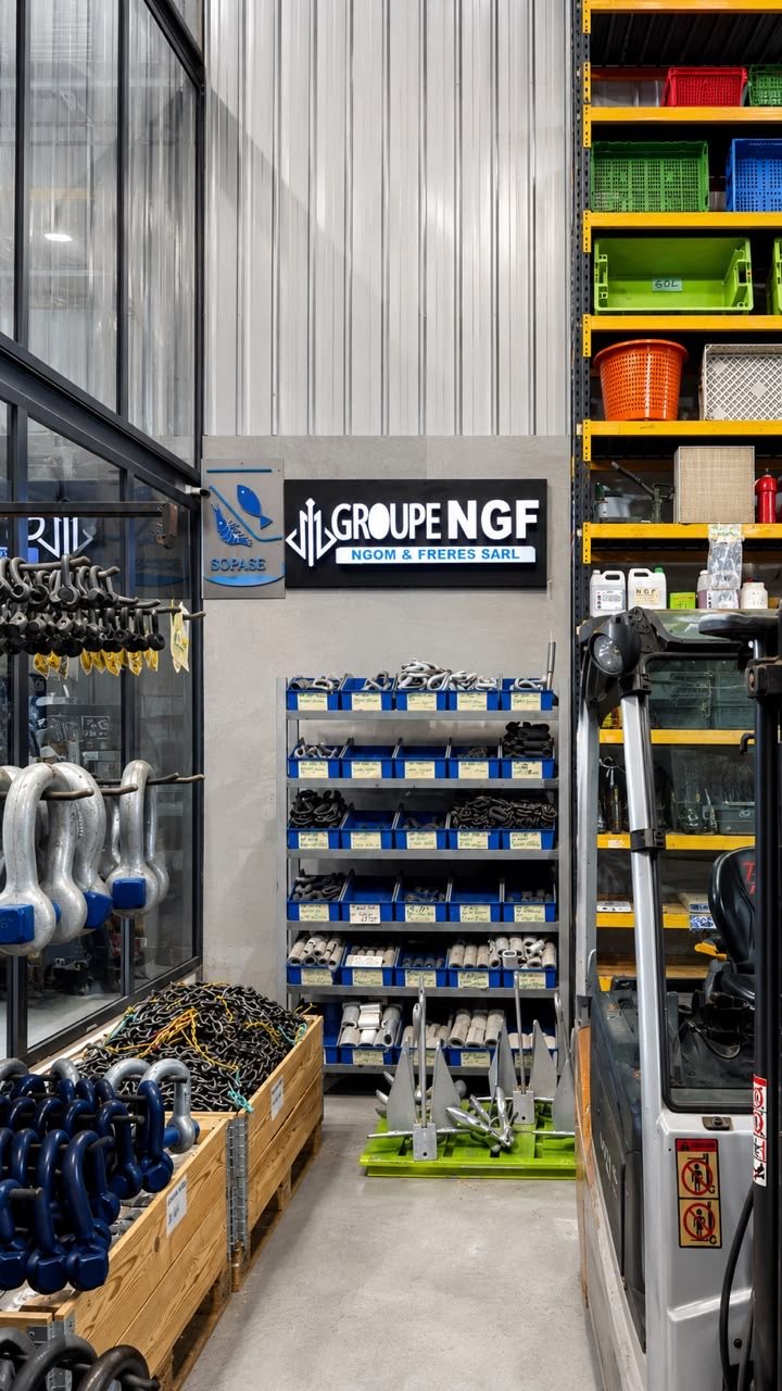 Magasin d'équipements du Groupe NGF au Port de Dakar, quincaillerie marine et gréement